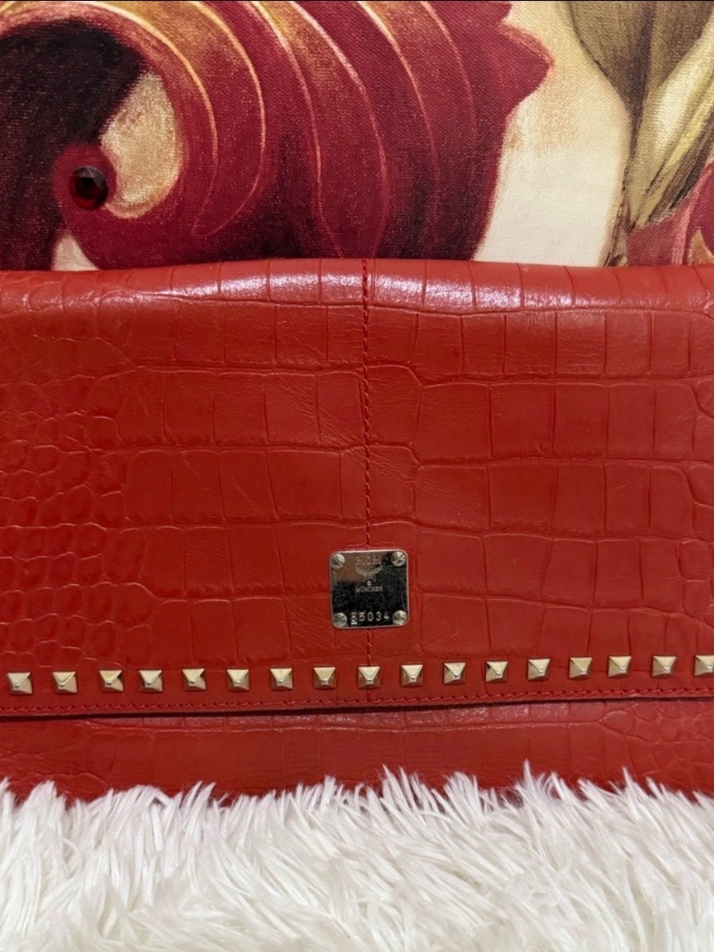 MCM Red Croc Embossed Studded Clutch